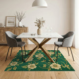 Emerald Green Floral Vintage Area Rug with Cream Blooms
