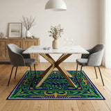Vintage Navy Fern Leaf Berry Medallion Area Rug
