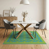 Teal Geometric Area Rug with Yellow Border