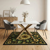 Golden Sunflower Medallion Black Area Rug