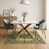 Ornate Blue Border Yellow Area Rug