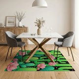 Vibrant Green Cactus Pink Flower Area Rug
