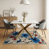 Blue Red Hibiscus Floral Area Rug