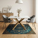 Teal Mandala Area Rug with Gold Intricacies