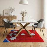 Red Geometric Area Rug with White Circles Blue Base