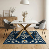 Navy Blue Fleur-de-Lis Area Rug with Ornate Borders