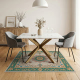 Teal Border Persian Floral Medallion Rug