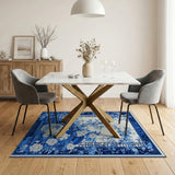 Blue Chinoiserie Peony Floral Area Rug