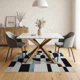 Abstract Geometric Area Rug Black White Grey Blue