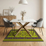 Vibrant Yellow Rug with Purple Tribal Masks Fruits
