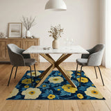 Navy Peony Floral Area Rug with Yellow Blooms