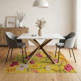 Sunny Yellow Rug with Vibrant Pink Flowers