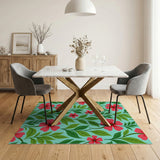 Vibrant Pink Hibiscus Floral Area Rug on Teal