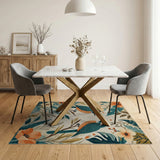 Teal Kingfisher Pair with Tropical Leaves Blooms Rug