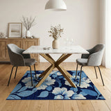 Navy Blue White Hibiscus Floral Area Rug