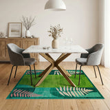 Teal Green Fern Leaf Abstract Area Rug