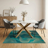 Teal and Gold Fluid Wave Abstract Area Rug