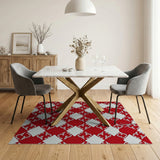 Red Diamond Trellis Area Rug with White Arabesques