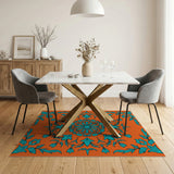 Bold Teal Floral Medallion on Orange Persian Rug