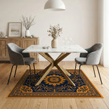 Navy Blue Persian Area Rug with Orange Floral Motifs
