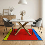 Bold Red Halftone Area Rug with Blue Yellow Borders
