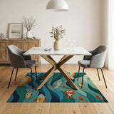 Teal Ocean Waves with Colorful Fish Area Rug