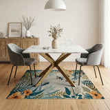 Teal Foliage Birds Orange Blooms Area Rug