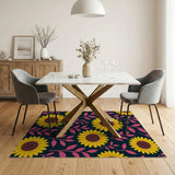 Vibrant Sunflower Pink Leaves Navy Area Rug