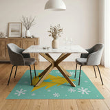 Festive Yellow Christmas Tree Snowflakes Teal Rug