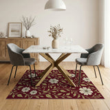 Red Floral Vintage Area Rug with White Blooms Gold Leaves