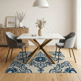 Navy Blue Ornate Floral Damask Rug