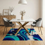 Blue Teal Abstract Wave Area Rug with Starbursts