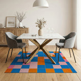 Vibrant Geometric Grid Area Rug in Blue, Orange Pink