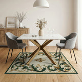 ODIKA French Fleur-de-lis Gold & Green Washable Area Rug - Low Pile, Non-Slip, Pet Friendly