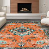 Ultra Soft Area Rug, Non Slip, Stain Resistant, Washable Area Rugs for Living Room, Bedroom, Eclectic Teal Medallion Fusion(Orange)