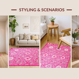 Ultra Soft Area Rug, Non Slip, Stain Resistant, Washable Area Rugs for Living Room, Bedroom, Whimsical Round Blossom Design(Pink)
