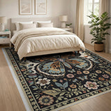 Vintage Butterfly Botanical Washable Area Rug, Low Pile Non-Slip