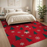 Festive Red Christmas Trees Snowflakes Area Rug