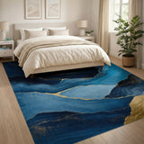 ODIKA Washable Abstract Navy Blue and Gold Marble Area Rug - Low Pile & Non-Slip
