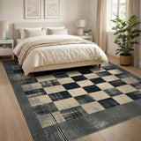 Black and White Distressed Black White Checkered Vintage Rug