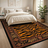 Orange Tiger Stripe Area Rug with Ornate Floral Border