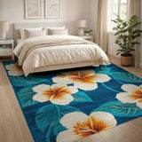 Blue Teal Hibiscus Floral Coastal Area Rug