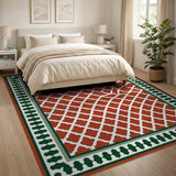 Red Trellis Area Rug with Green Holly Border