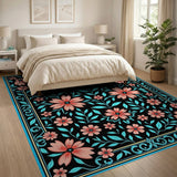 Coral Floral Teal Leaf Ornate Area Rug