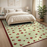 Red Floral Scatter on Pale Green Vintage Rug