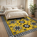 Vibrant Yellow Black Geometric Star Rug