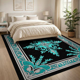 Teal Ornate Floral Medallion Area Rug on Black