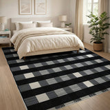 Black White Checkered Woven Area Rug with Fringe