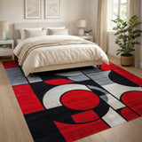 ODIKA Modern Abstract Geometric Red and Black Washable Area Rug - Low Pile Non-Slip Pet & Kid Friendly