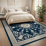 Navy Blue Traditional Persian Area Rug with Floral Medallion